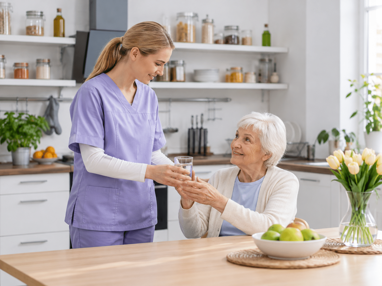 Seniorin mit Betreuungskraft bei der Alltagshilfe zu Hause in Wiesdorf