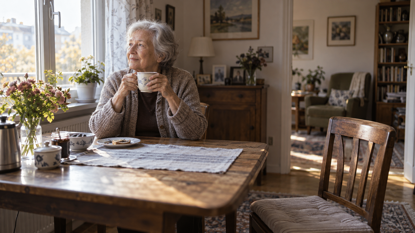 einsamkeit-im-alter Ältere Frau mit einer Kaffeetasse am Frühstückstisch neben einem leeren Stuhl.